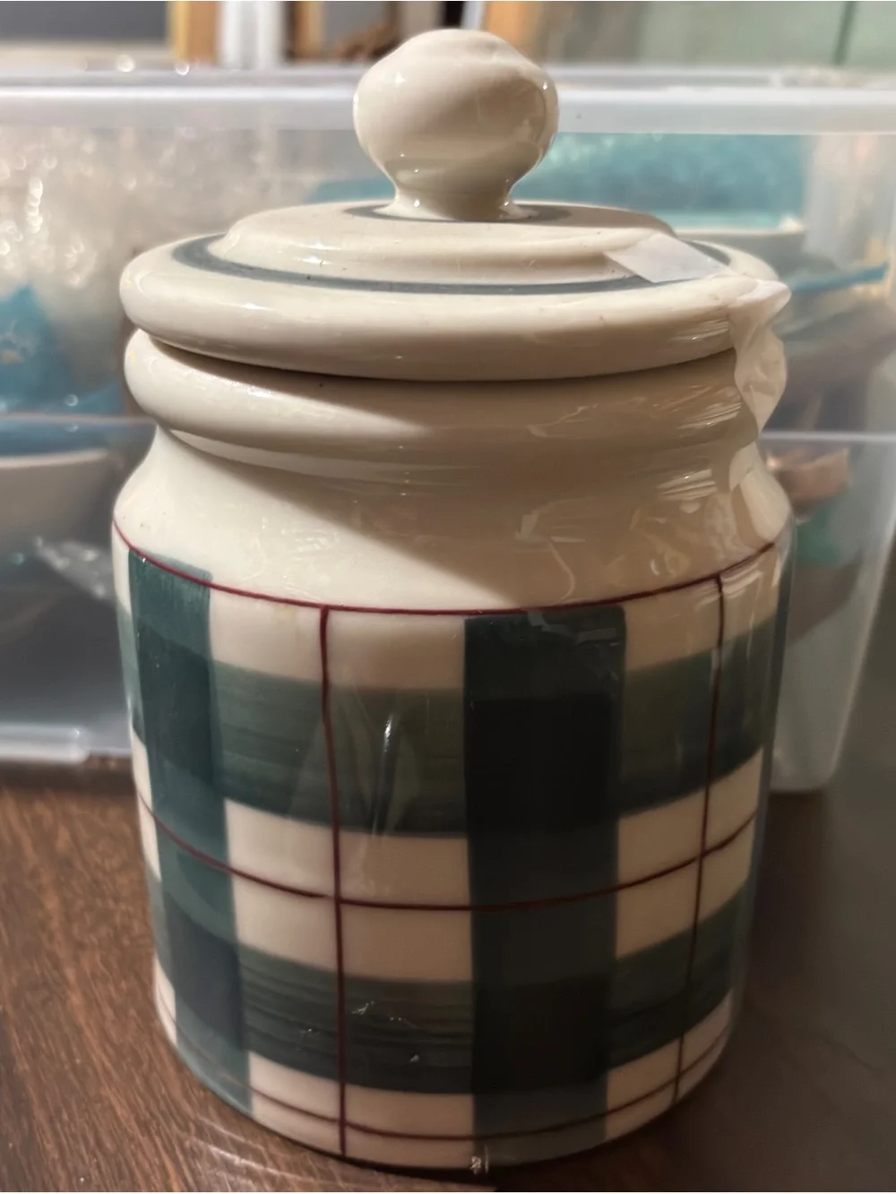 Vintage Hartstone Pottery Buffalo Check Plaid Canister Jar with Lid USA 7” tall